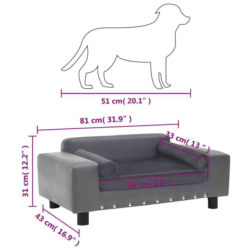 Canapea pentru câini, gri, 81x43x31 cm, pluș & piele ecologică