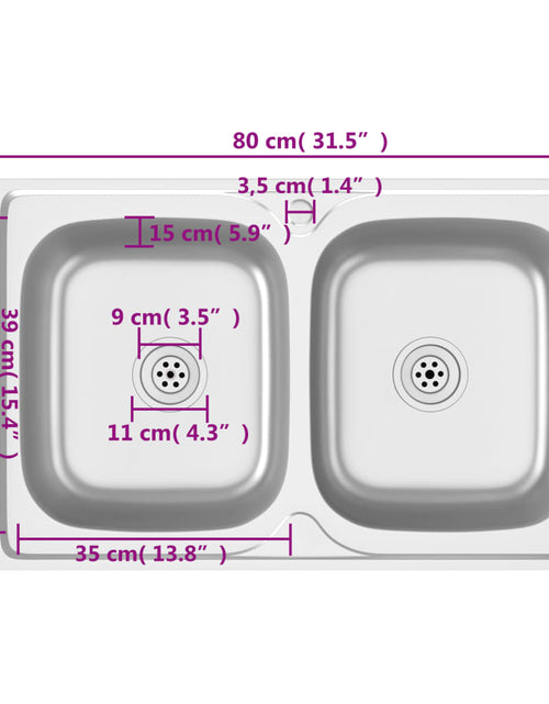 Încărcați imaginea în vizualizatorul Galerie, Chiuvetă bucătărie cu 2 cuve, argintiu, 800x500x155 mm, oțel
