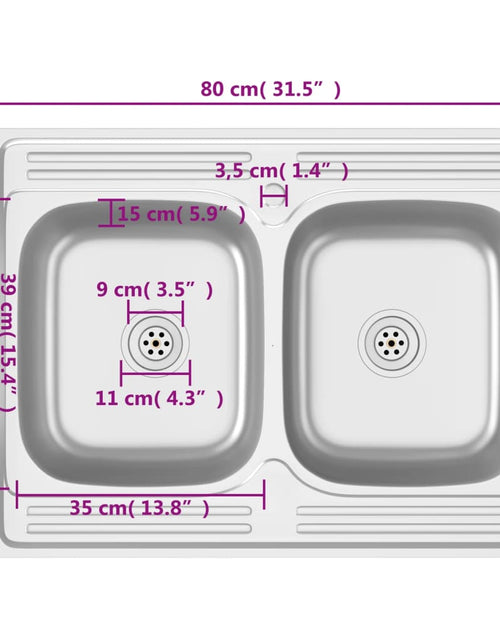Încărcați imaginea în vizualizatorul Galerie, Chiuvetă bucătărie cu 2 cuve, argintiu, 800x600x155 mm, oțel
