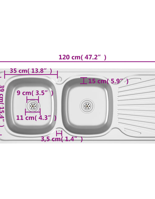 Încărcați imaginea în vizualizatorul Galerie, Chiuvetă bucătărie cu 2 cuve, argintiu, 1200x500x155 mm, oțel
