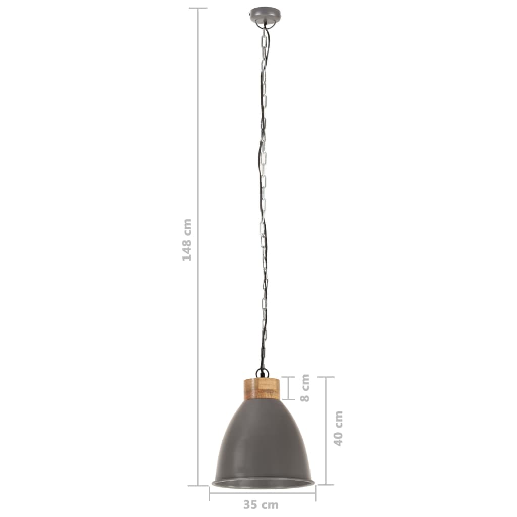 Lampă suspendată industrială, gri, 35 cm, lemn masiv&fier, E27