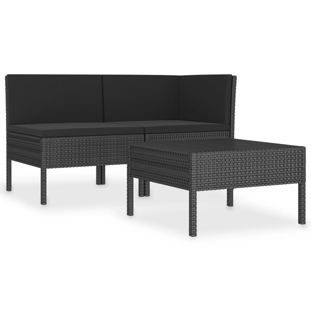 Set mobilier de grădină cu perne, 3 piese, negru, poliratan