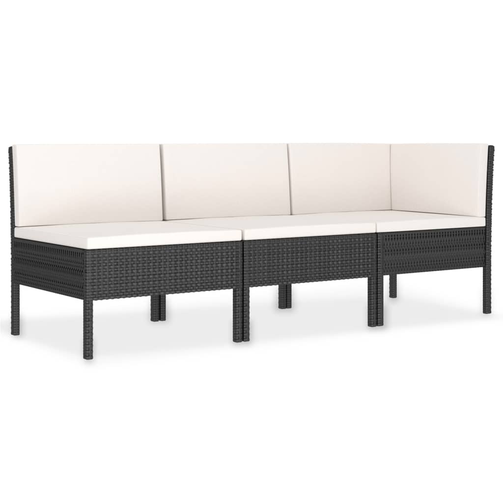 Set mobilier de grădină cu perne, 3 piese, negru, poliratan