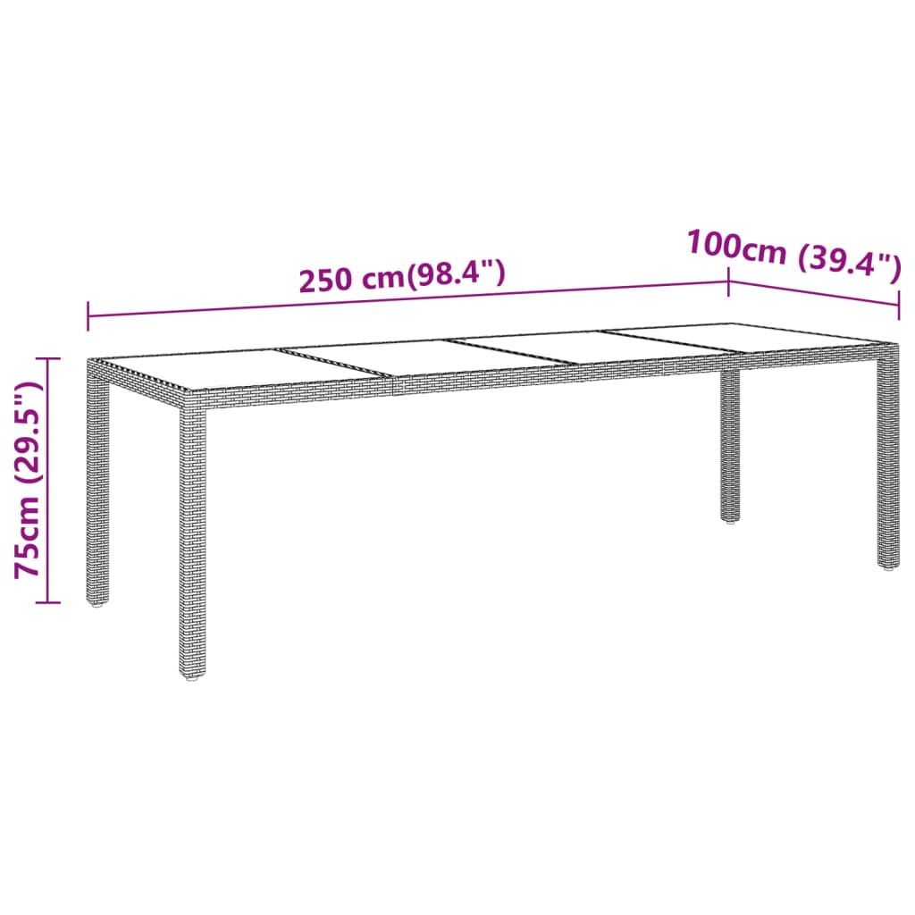 Masă de grădină negru 250x100x75 cm sticlă securizată/poliratan