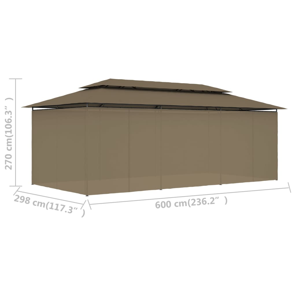 Pavilion cu perdele, gri taupe, 600 x 298 x 270 cm, 180 g/m²