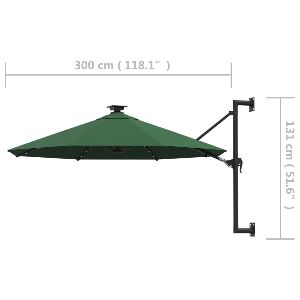 Umbrelă de soare montată pe perete cu LED-uri, verde, 300 cm