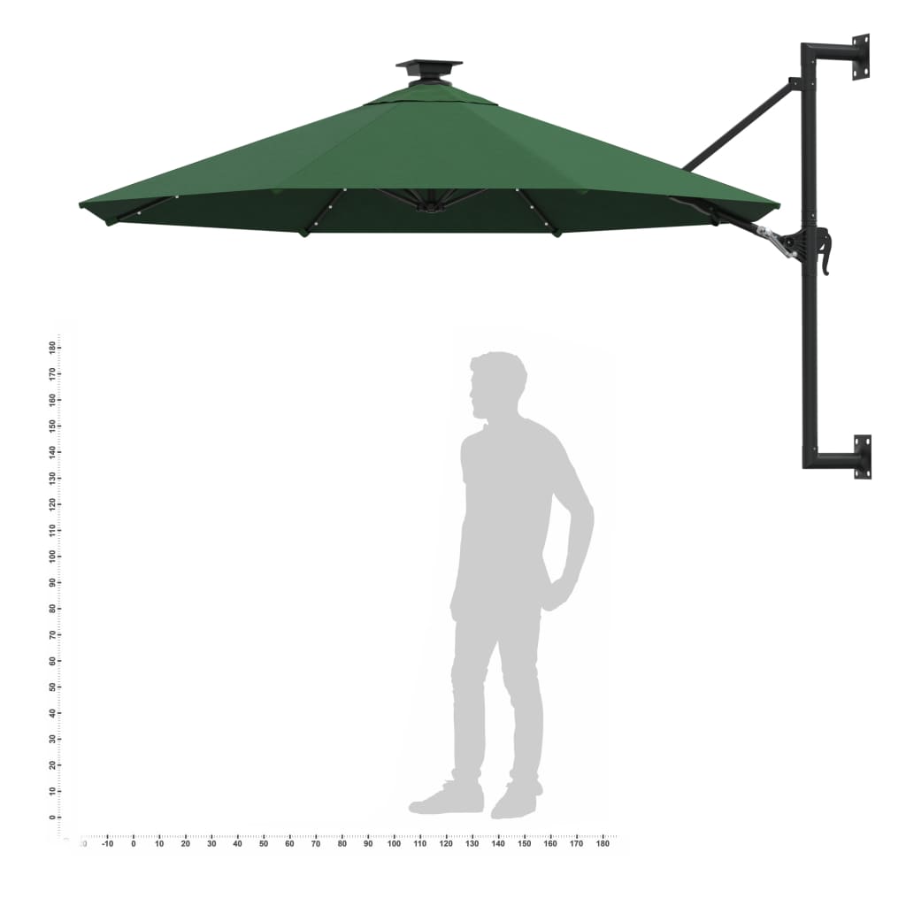 Umbrelă de soare montată pe perete cu LED-uri, verde, 300 cm