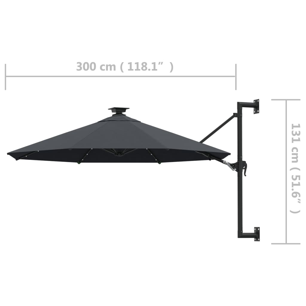 Umbrelă soare montaj pe perete LED stâlp metal antracit 300 cm