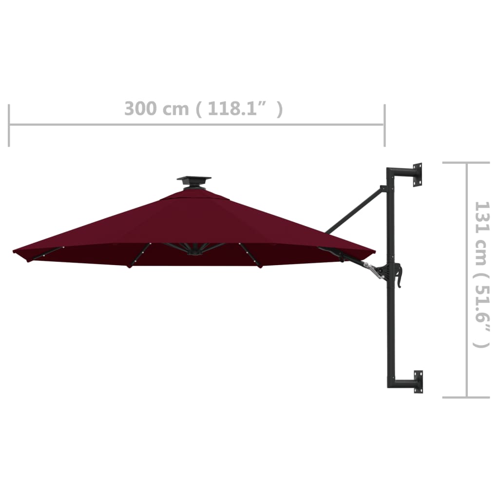 Umbrelă soare LED montaj pe perete stâlp metal vișiniu 300 cm