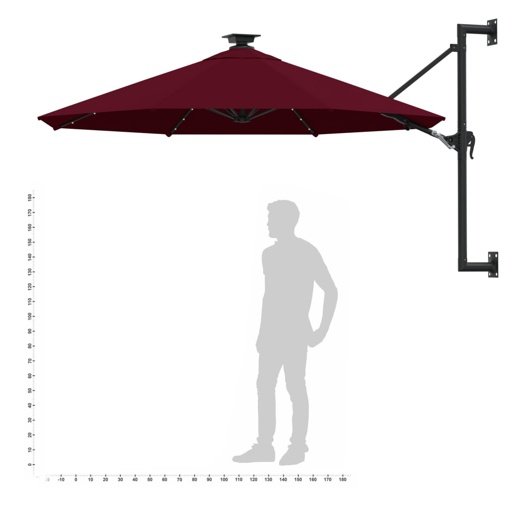 Umbrelă soare LED montaj pe perete stâlp metal vișiniu 300 cm