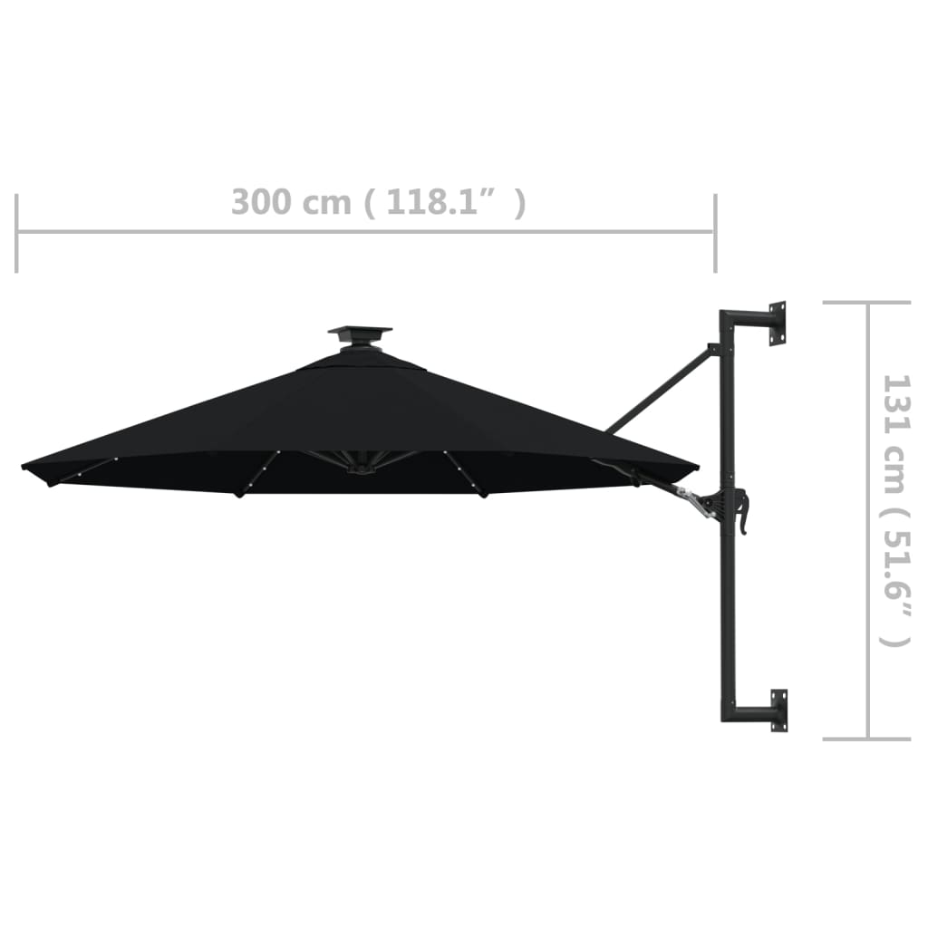 Umbrelă soare LED montaj pe perete stâlp metal negru 300 cm