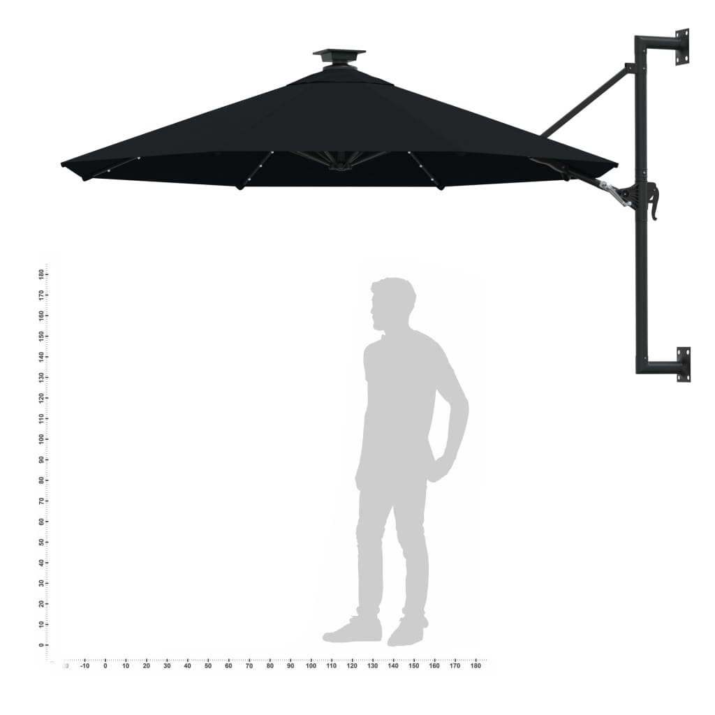 Umbrelă soare LED montaj pe perete stâlp metal negru 300 cm