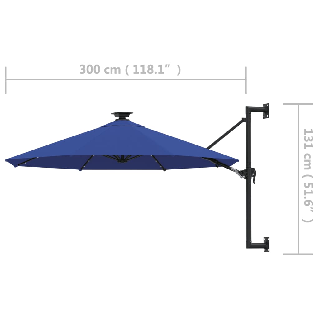 Umbrelă soare LED montaj pe perete stâlp metal albastru 300cm