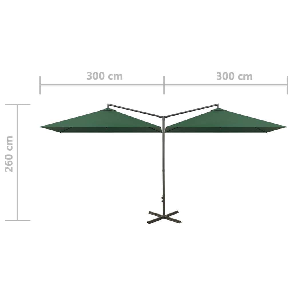 Umbrelă de soare dublă cu stâlp din oțel, verde, 600x300 cm