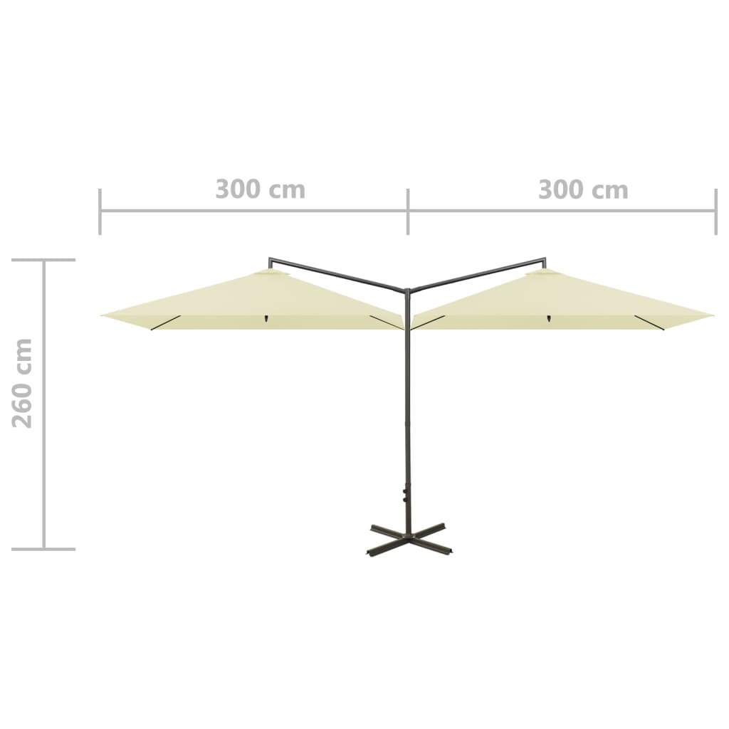 Umbrelă de soare dublă cu stâlp din oțel, nisipiu, 600x300 cm