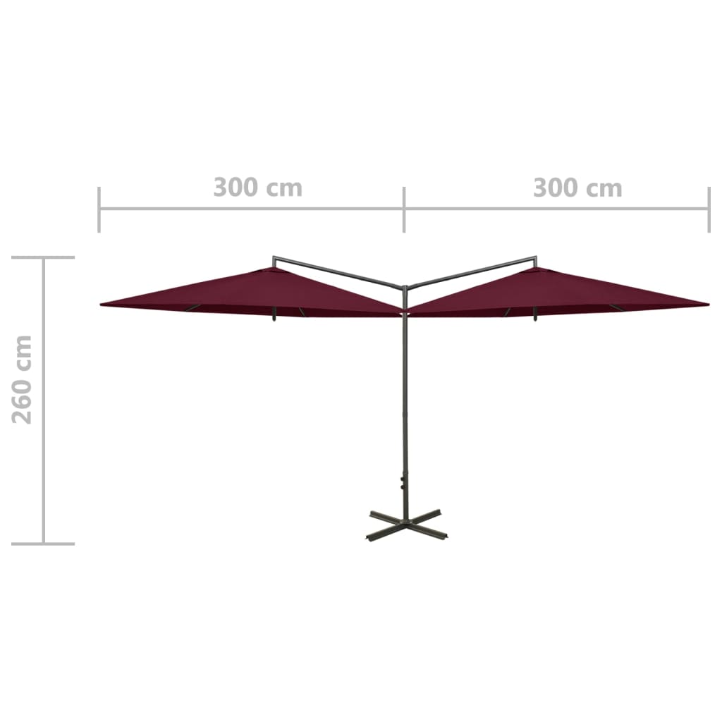 Umbrelă de soare dublă, stâlp din oțel, roșu bordo, 600 cm