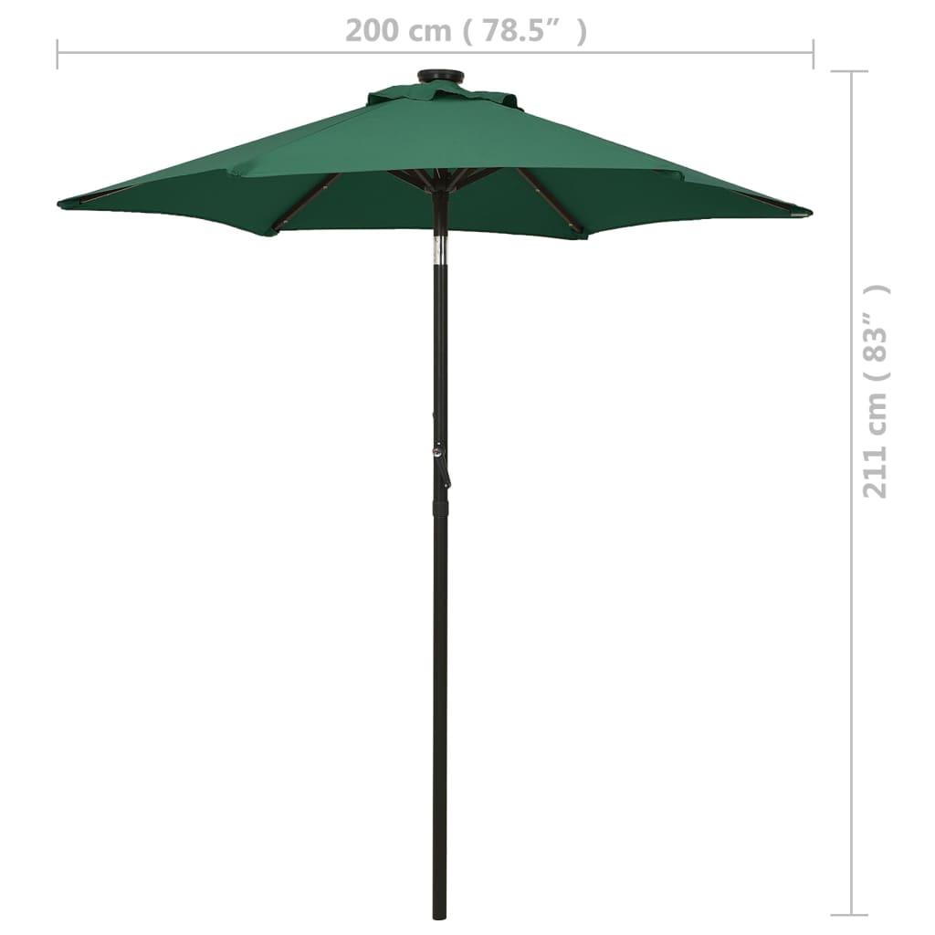 Umbrelă de soare cu lumini LED, verde, 200x211 cm, aluminiu