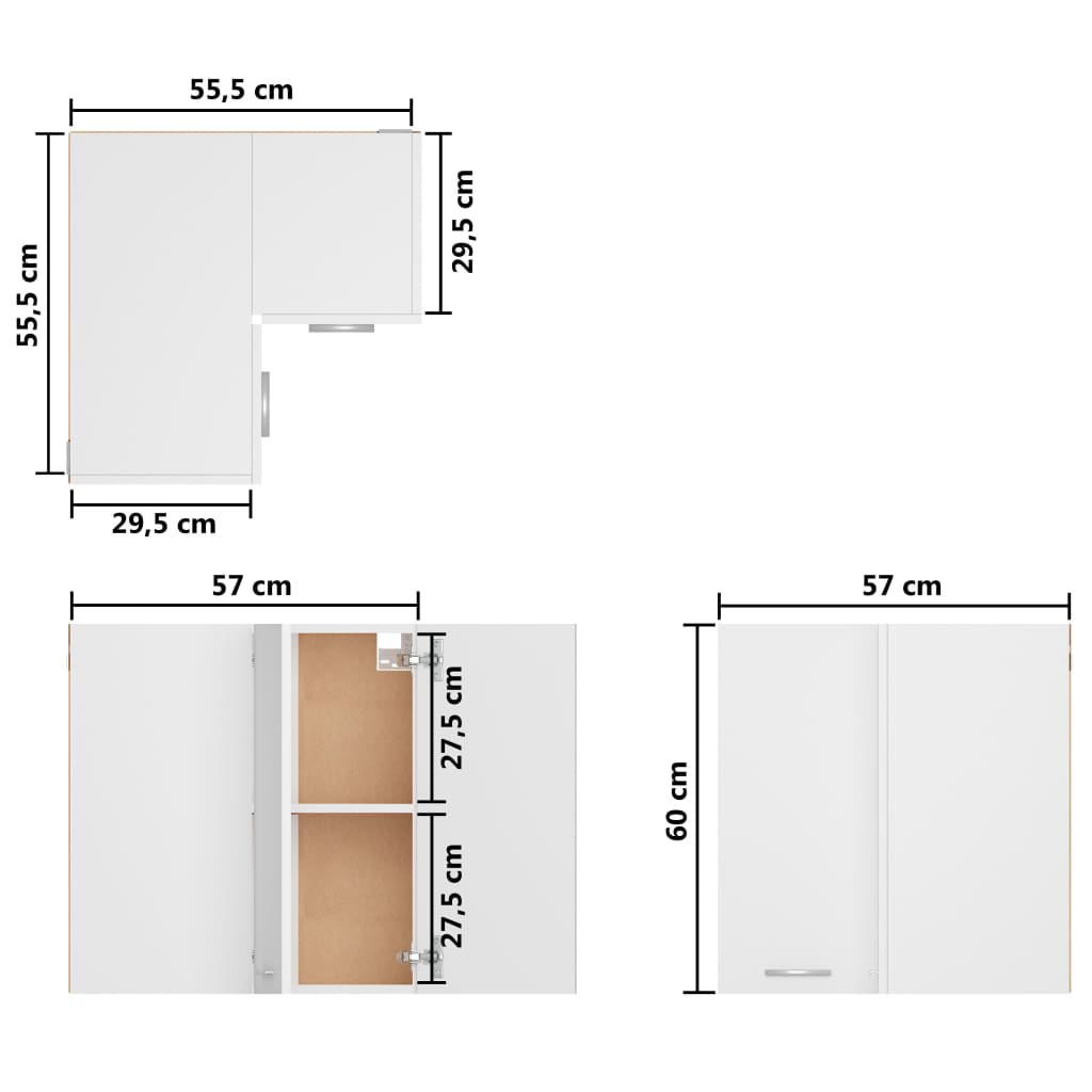 Dulap suspendat de colț, alb, 57 x 57 x 60 cm, lemn prelucrat