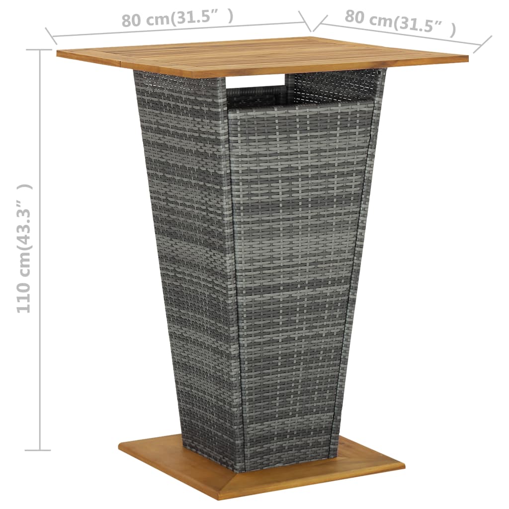 Masă de bar, gri, 80x80x110 cm, poliratan/lemn masiv acacia