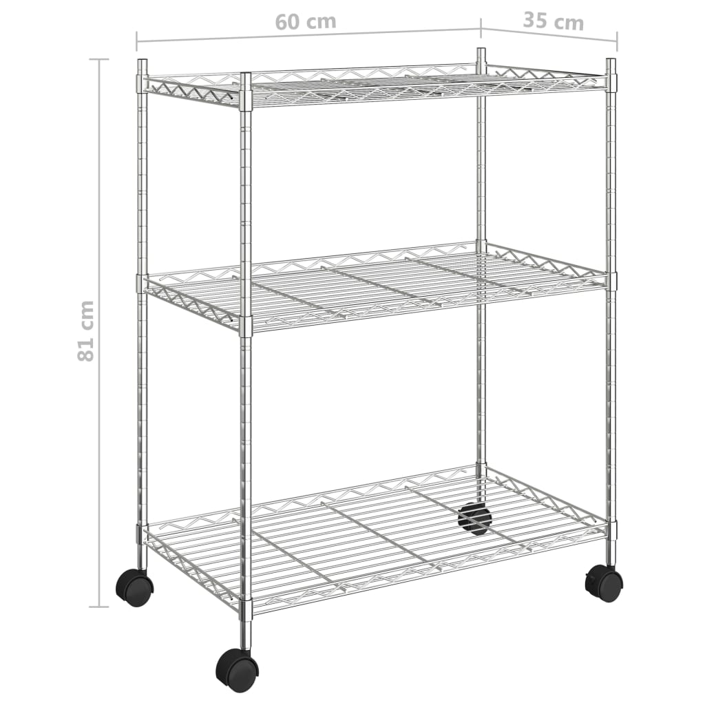 Raft depozitare cu roți, 3 niveluri, 60x35x81 cm, crom, 150 kg