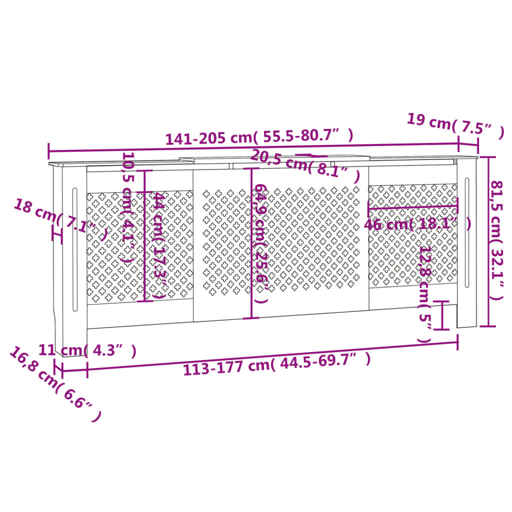 Mască pentru calorifer, gri, 205 cm, MDF