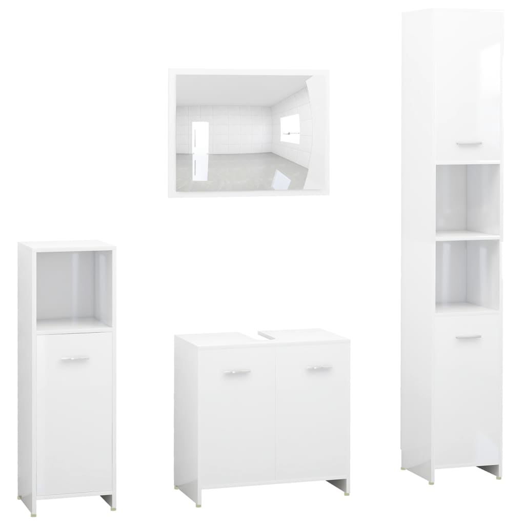 Set mobilier de baie, 4 piese, alb extralucios, lemn prelucrat