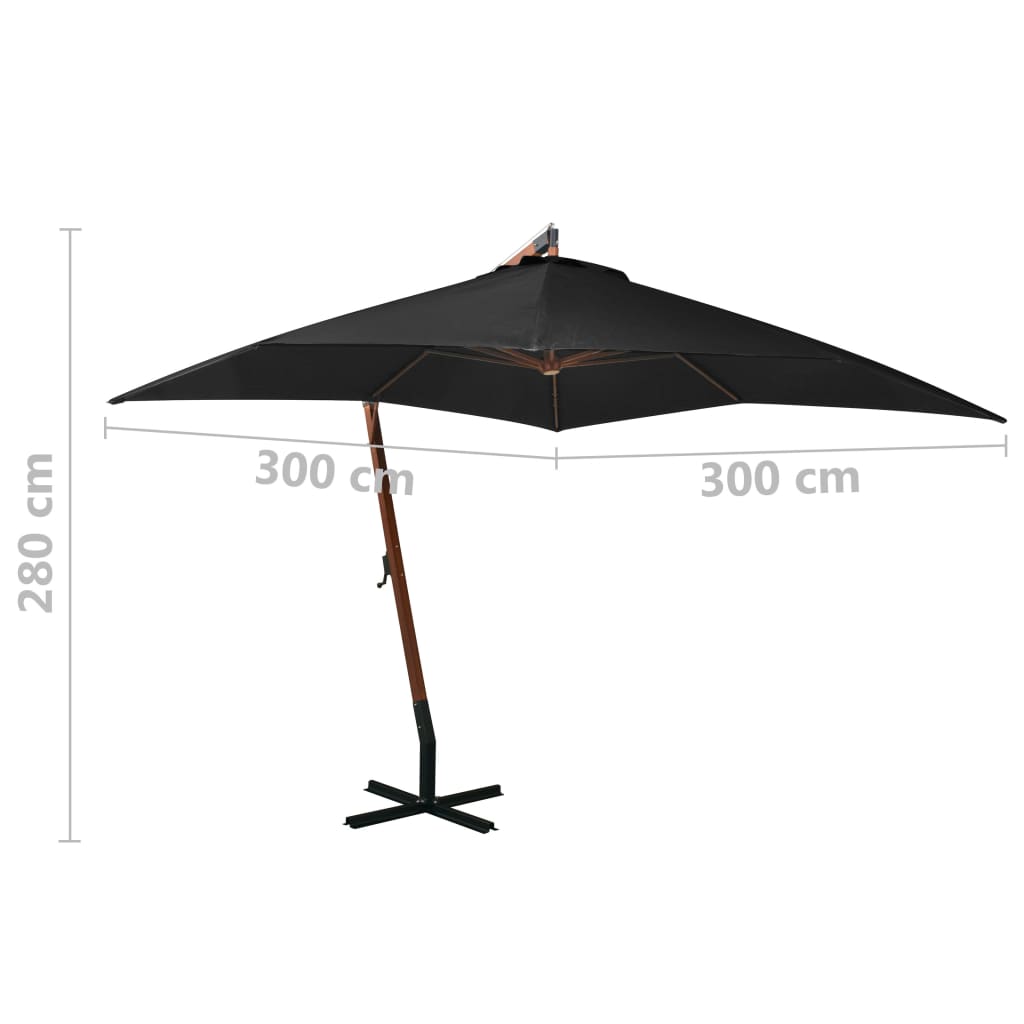 Umbrelă suspendată cu stâlp, negru, 3x3 m, lemn masiv de brad