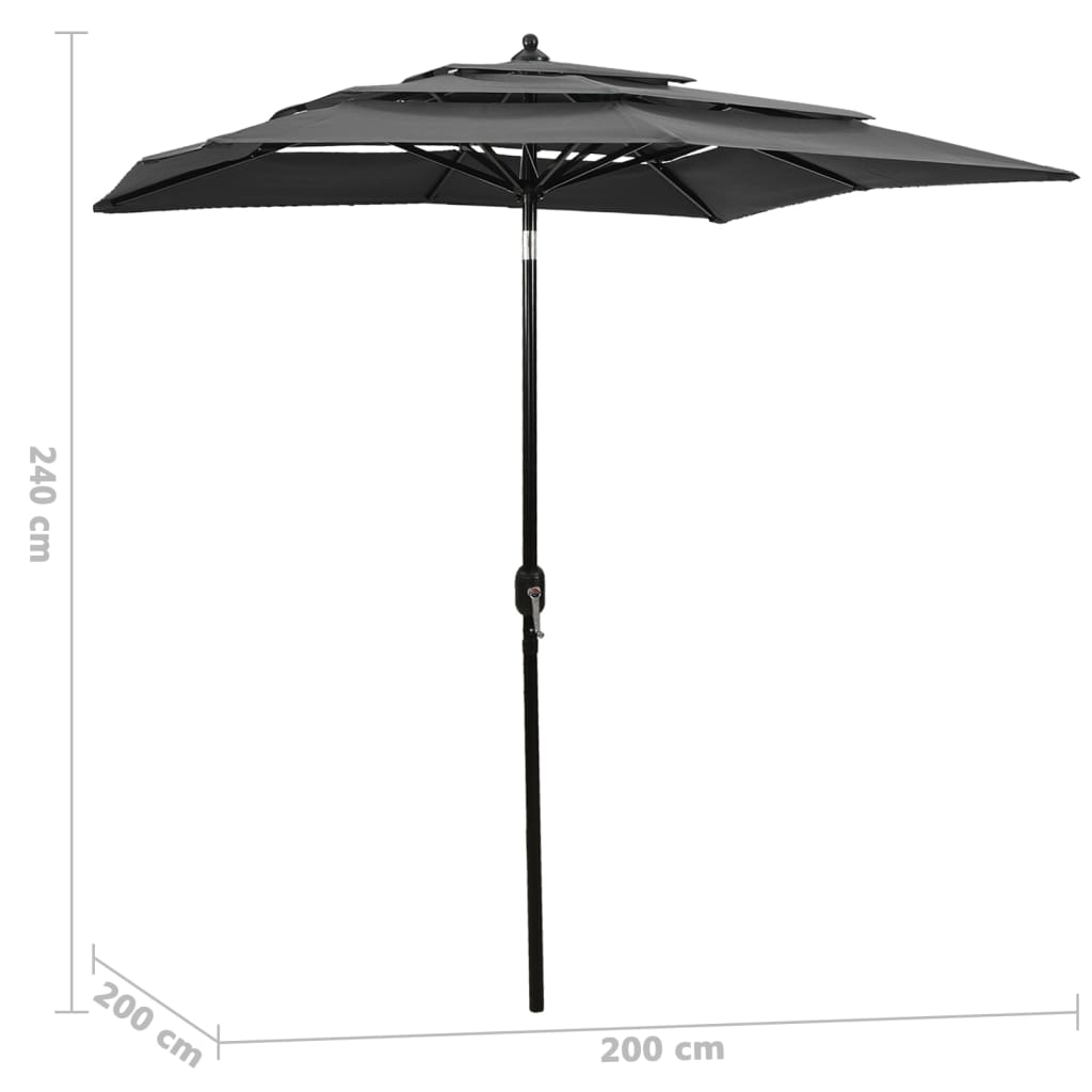 Umbrelă de grădină 3 niveluri, stâlp aluminiu, antracit, 2x2 m