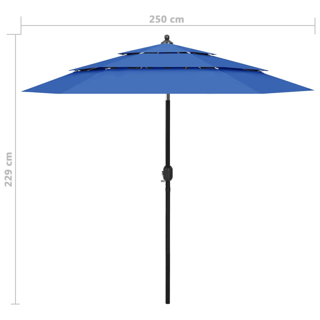 Umbrelă de grădină 3 niveluri, stâlp de aluminiu, azuriu, 2,5 m