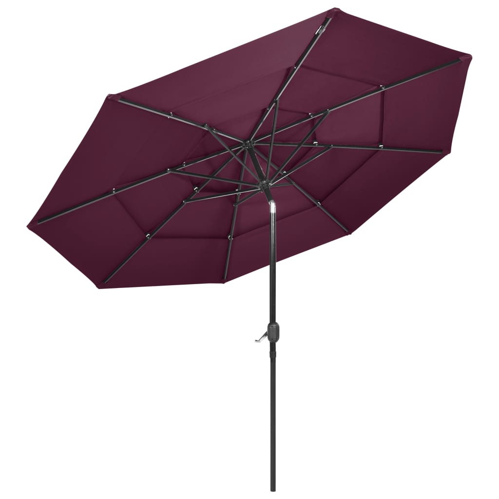 Umbrelă de grădină 3 niveluri, stâlp aluminiu, roșu bordo, 3 m