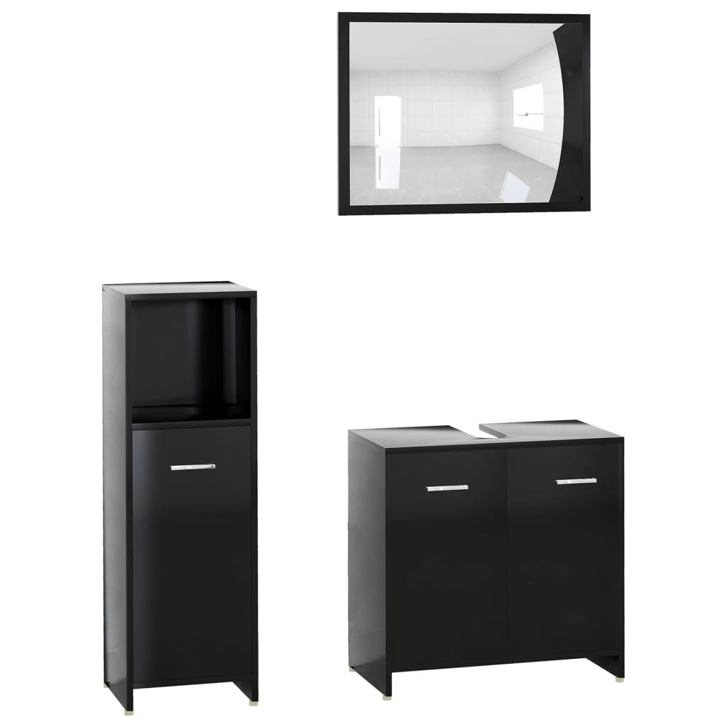 Set mobilier de baie, 3 piese, negru, lemn prelucrat