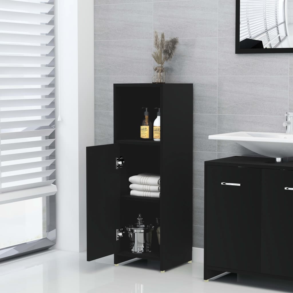 Set mobilier de baie, 3 piese, negru, lemn prelucrat