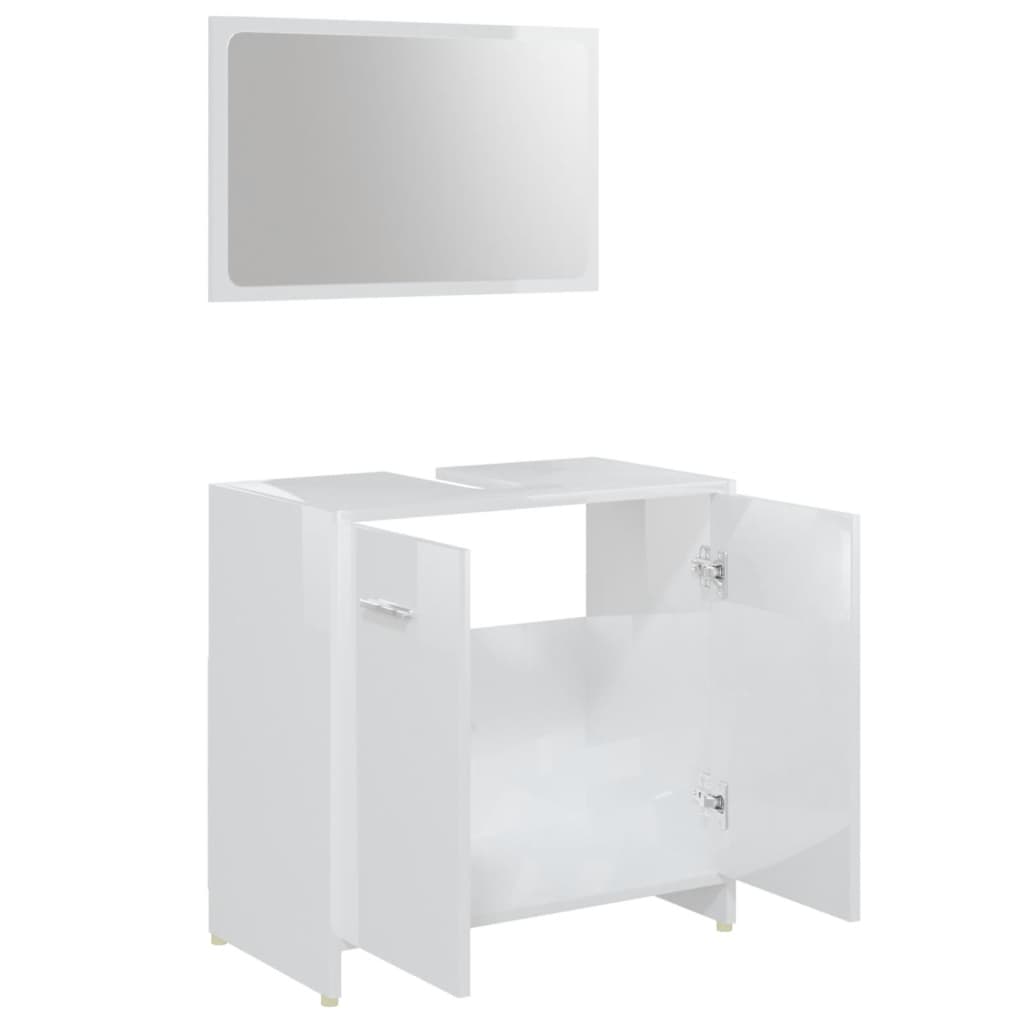 Set mobilier de baie, 3 piese, alb extralucios, lemn prelucrat