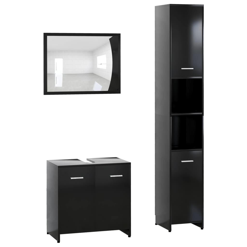 Set mobilier de baie, 3 piese, negru, lemn prelucrat