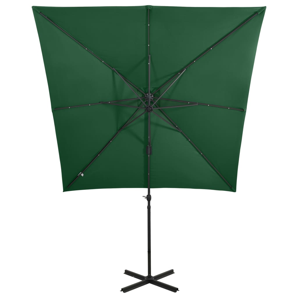 Umbrelă în consolă cu stâlp și LED-uri, verde, 250 cm