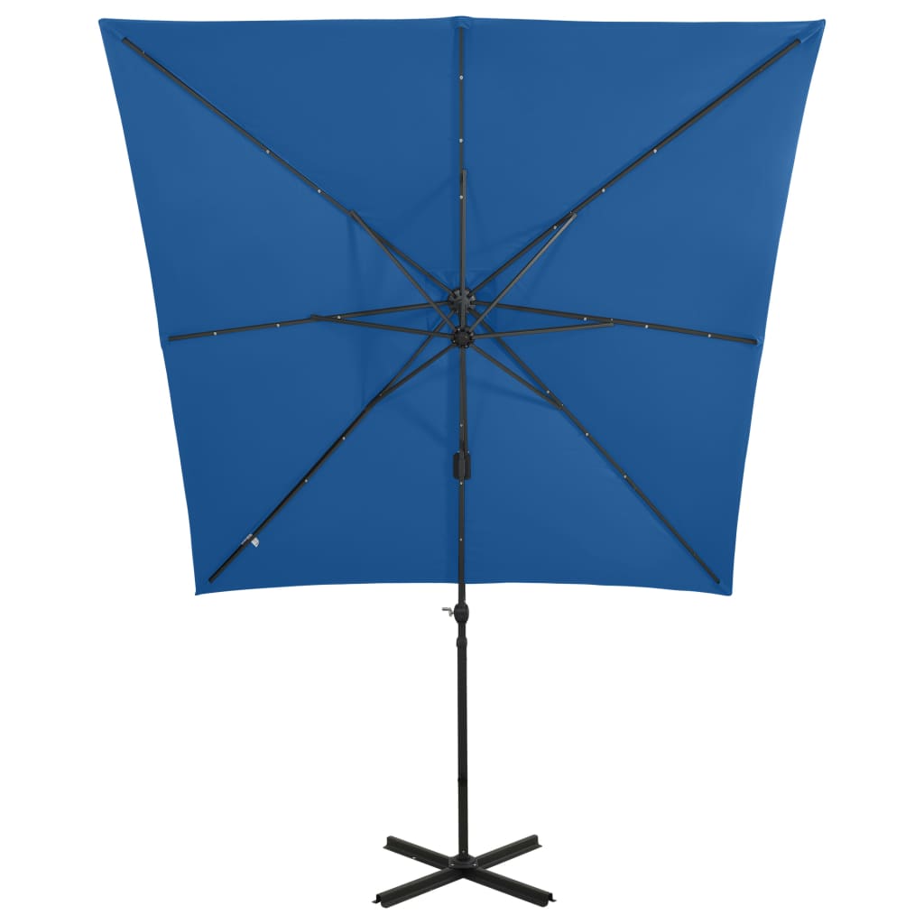 Umbrelă în consolă cu stâlp și LED-uri, albastru azur, 250 cm