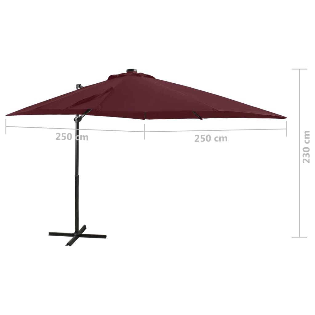 Umbrelă în consolă cu stâlp și LED-uri, roșu bordo, 250 cm