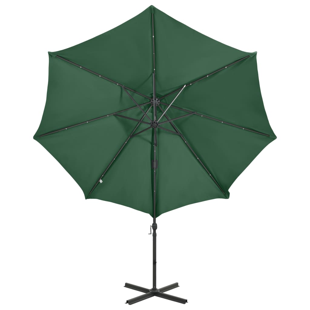 Umbrelă în consolă cu stâlp și LED-uri, verde, 300 cm