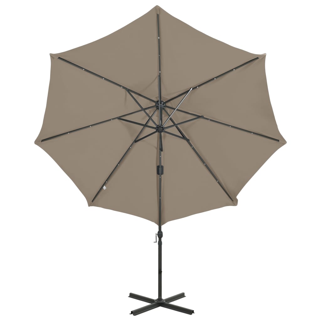 Umbrelă în consolă cu stâlp și LED-uri, taupe, 300 cm