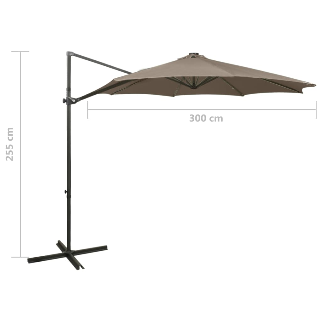 Umbrelă în consolă cu stâlp și LED-uri, taupe, 300 cm