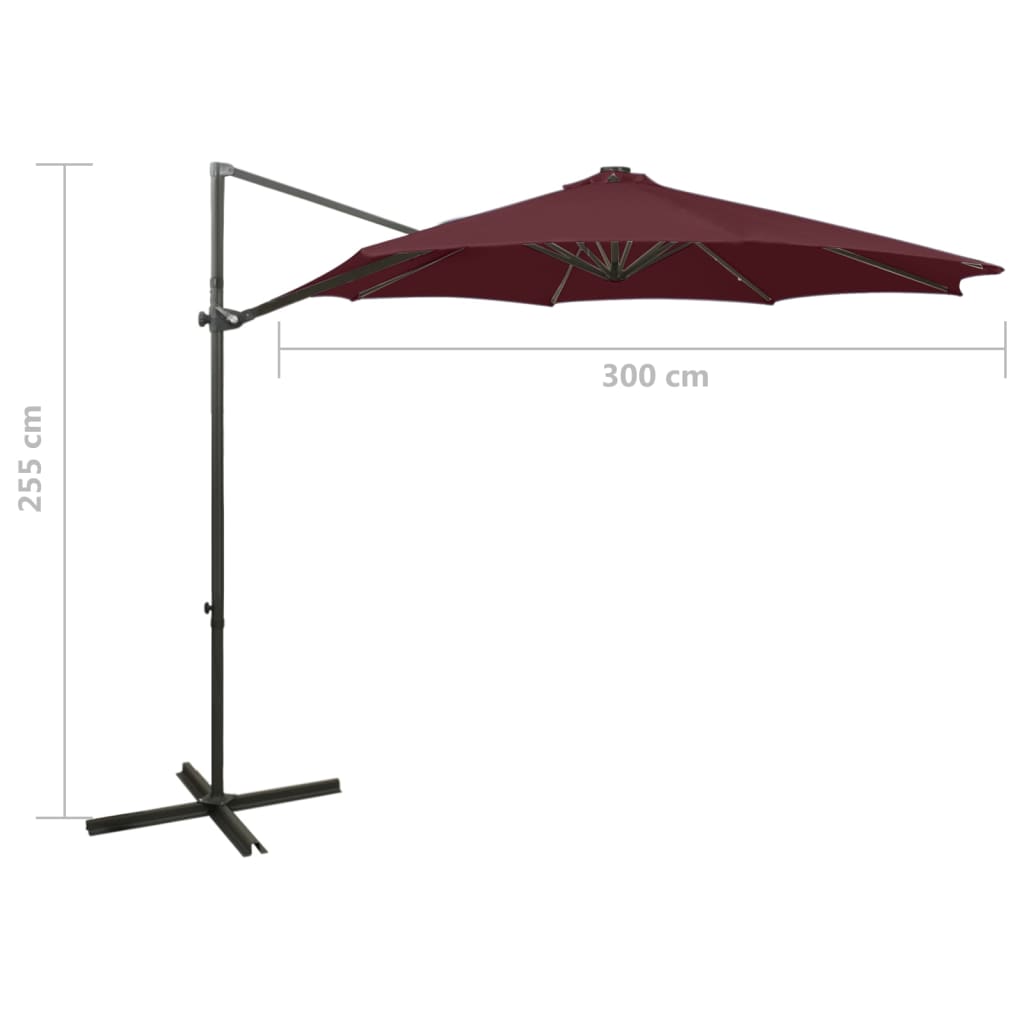 Umbrelă în consolă cu stâlp și LED-uri, roșu bordo, 300 cm