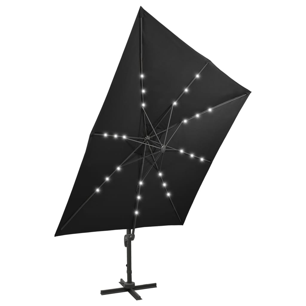 Umbrelă în consolă cu stâlp și LED-uri, negru, 300 cm