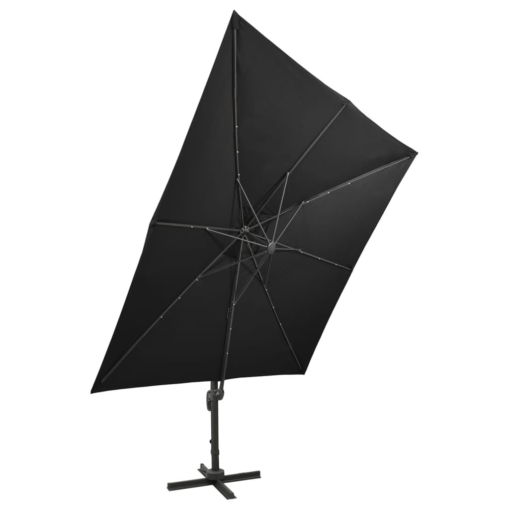 Umbrelă în consolă cu stâlp și LED-uri, negru, 300 cm