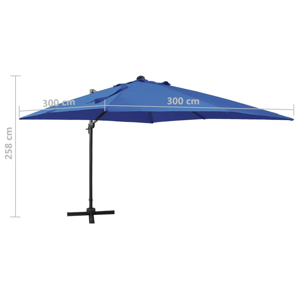 Umbrelă în consolă cu stâlp și LED-uri, albastru azur, 300 cm