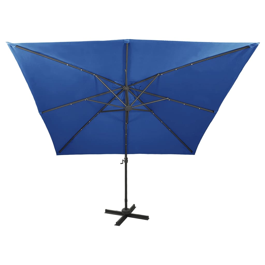 Umbrelă în consolă cu stâlp și LED-uri, albastru azur, 300 cm