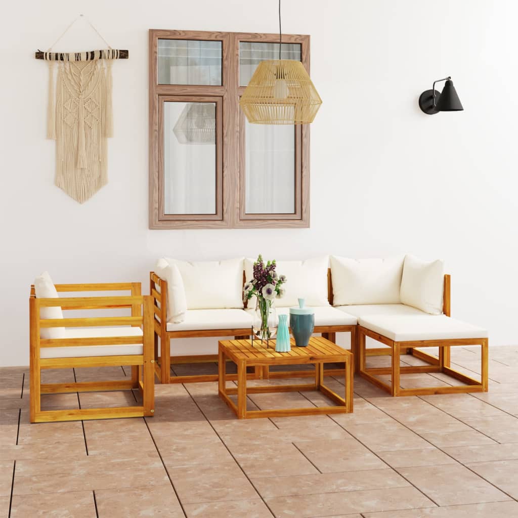 Set mobilier grădină cu perne, 6 piese, crem, lemn masiv acacia