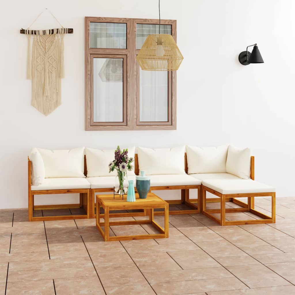 Set mobilier grădină cu perne, 6 piese, crem, lemn masiv acacia