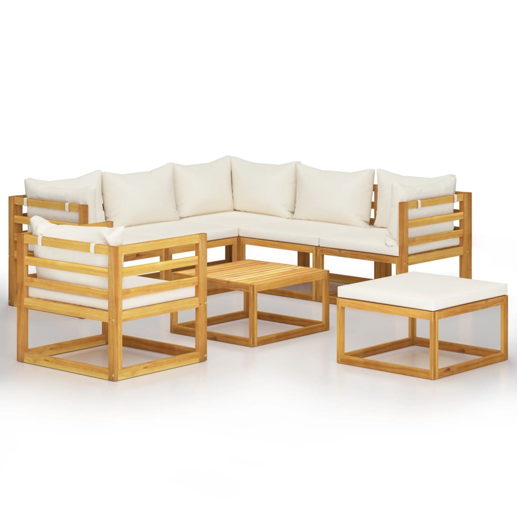 Set mobilier de grădină, 8 piese, perne crem, lemn masiv acacia