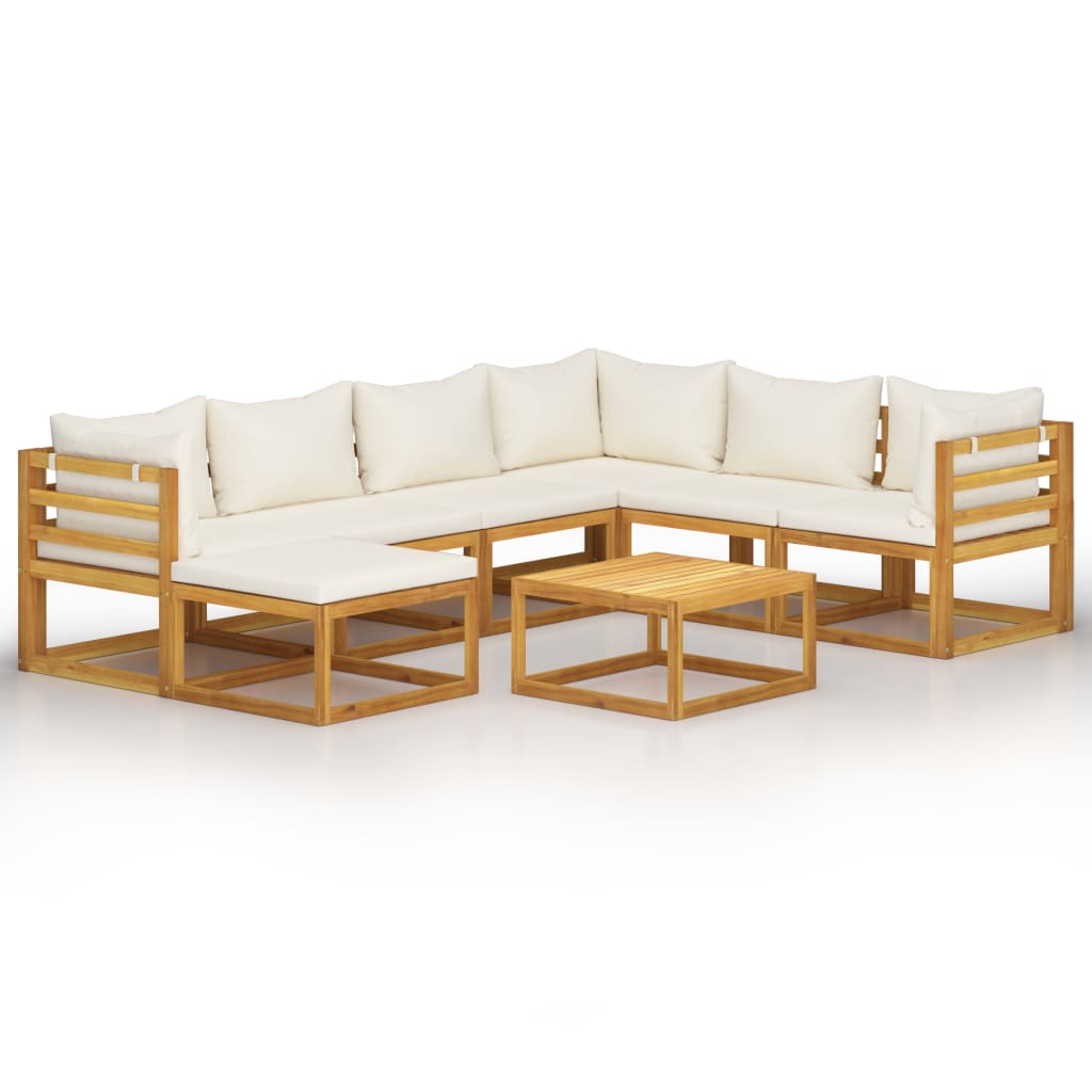 Set mobilier grădină cu perne, 8 piese, crem, lemn masiv acacia