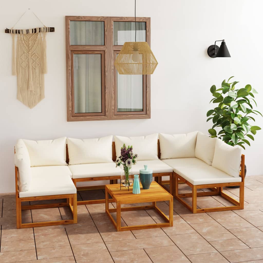 Set mobilier grădină cu perne, 7 piese, crem, lemn masiv acacia